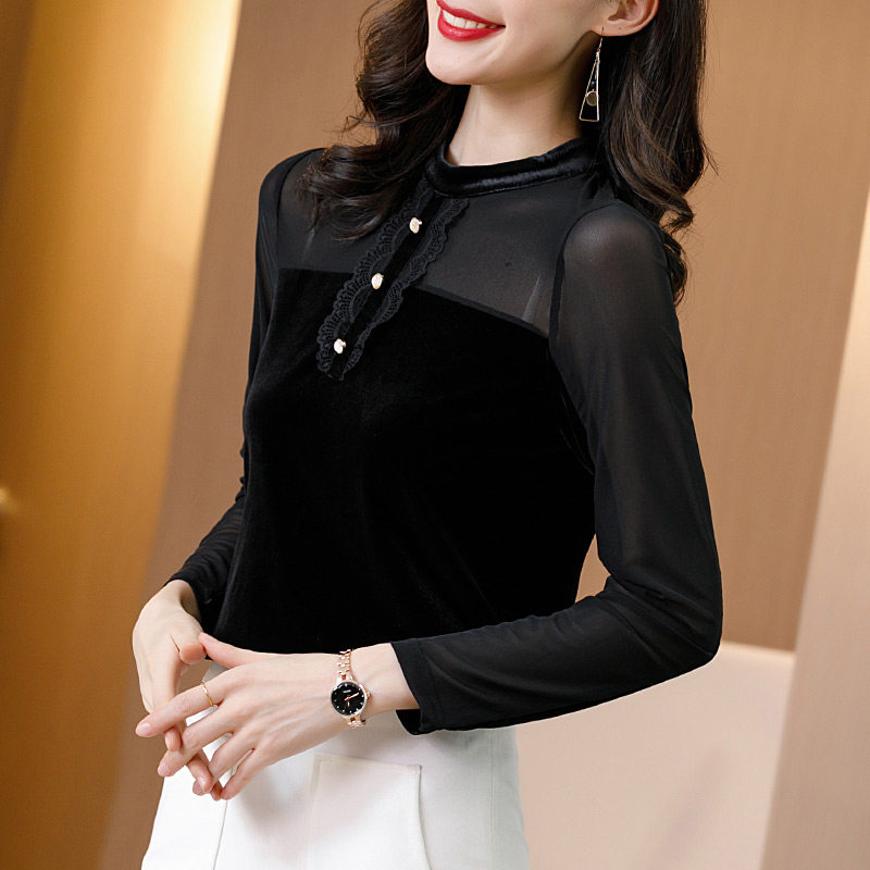 黑色立领网纱薄款丝绒早秋性感内搭 爱衣买衣T恤
