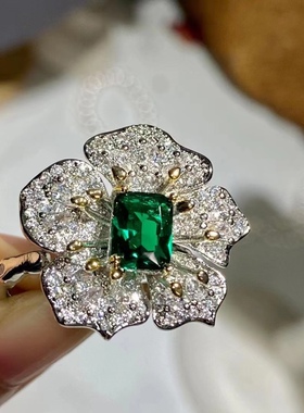祖母绿可调节锆石时尚花朵戒指