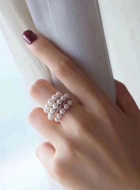 天然珍珠纯银镀金镶嵌开口戒指