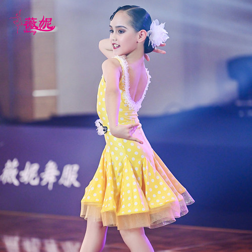 薇妮拉丁表演服女童可爱黄色波点演出无袖新款专业少儿学生练功服 - 图2