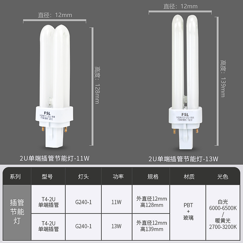 佛山照明节能灯泡插管2针筒灯插拔式荧光灯2U型拔插脚超亮YDN11W - 图1