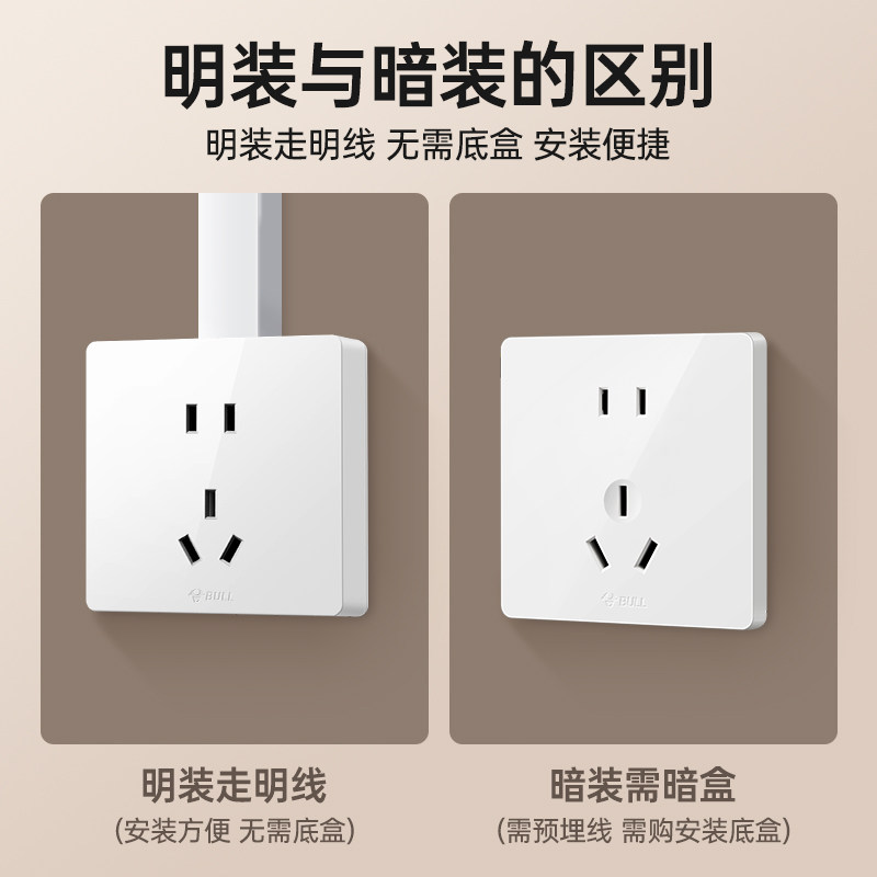公牛明装插座超薄一开带五孔明线墙上固定多孔开关86家用明盒面板