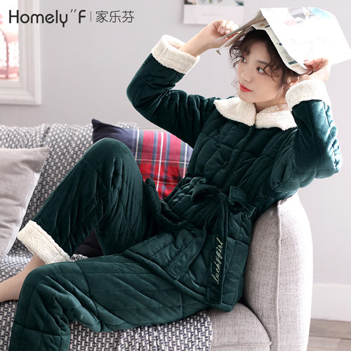 睡衣女秋冬季冬天三层加厚夹棉袄珊瑚绒加绒保暖法兰绒家居服套装 - 图0