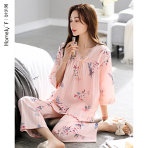 (gauze) Carrefour sleepwear Womens spring Summer pure cotton 70% sleeves Long sleeves Home Clothing Spring Fall Mom