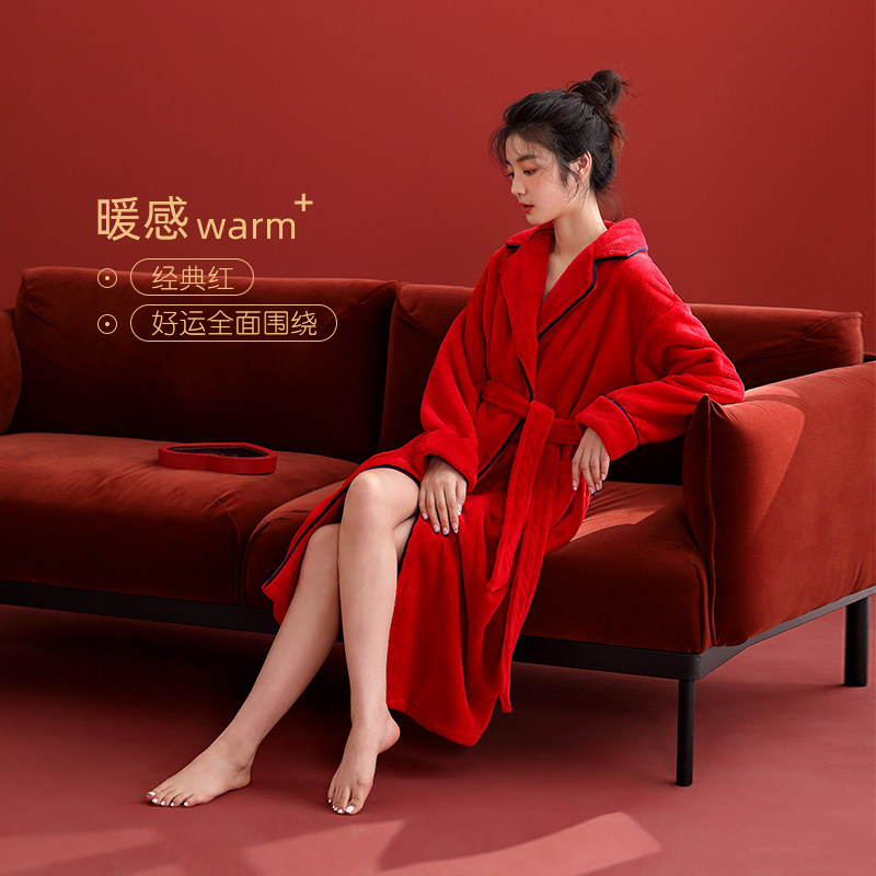 睡袍女士睡衣秋冬款冬季加长款法兰绒加厚加绒珊瑚绒本命年大红色,淘宝优惠券,粉丝福利购,淘宝优惠卷