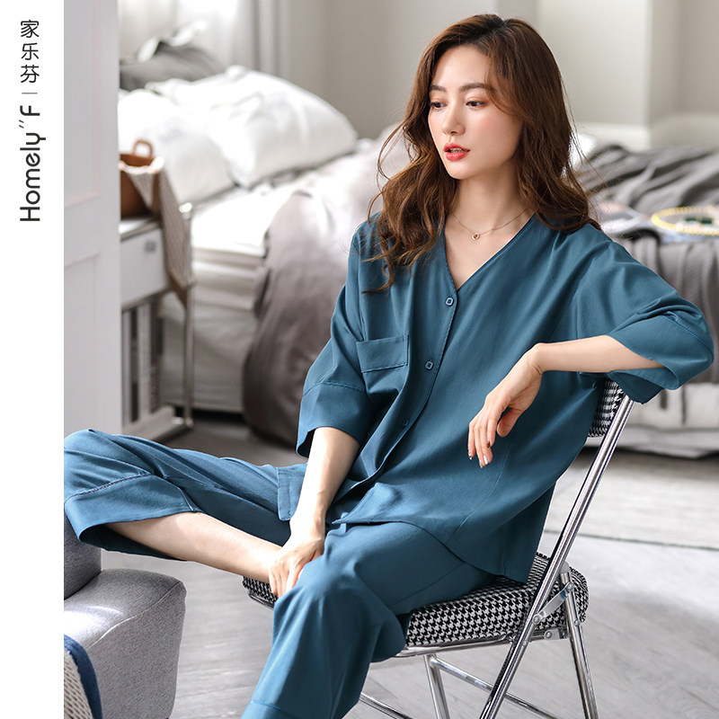 家乐芬兰精莫代尔睡衣女士春季春秋季秋款七分袖家居服高级感套装 - 图2
