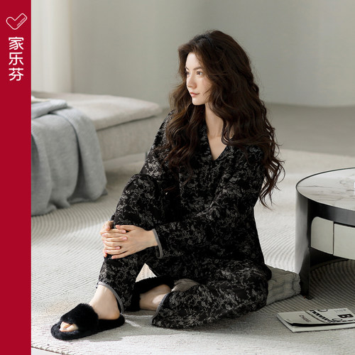 家乐芬睡衣女春秋款秋季莫代尔长袖家居服夏季薄款冰丝复古老钱风 - 图2