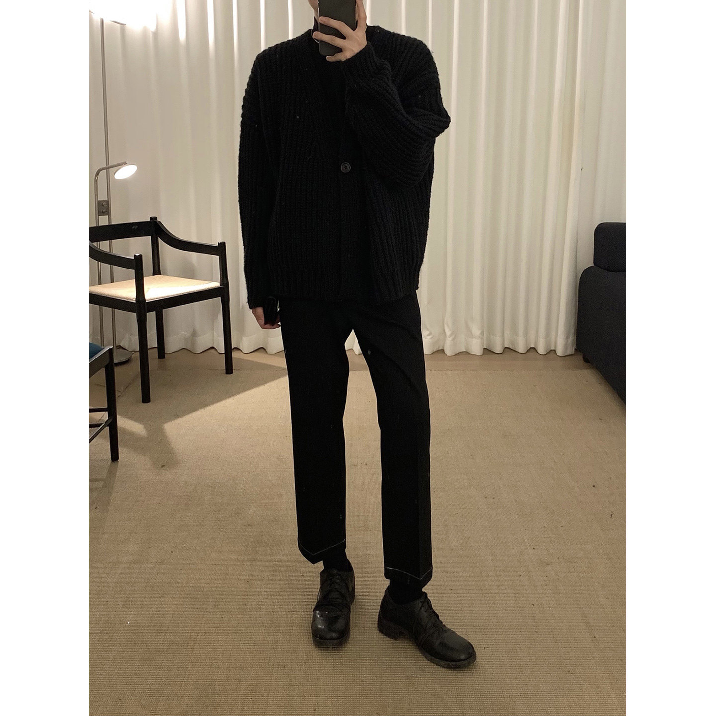 阿茶与阿古黑色粗针针织开衫男秋冬复古韩版重磅休闲宽松毛衣外套,淘宝优惠券,粉丝福利购,淘宝优惠卷