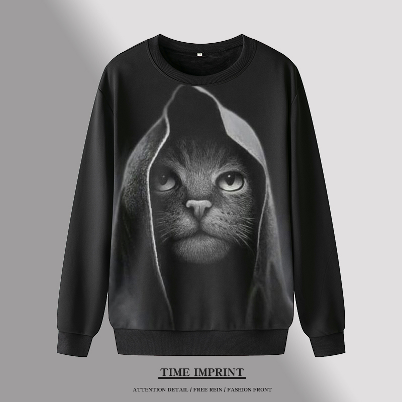 个性猫图案印花卫衣小青年痞帅男黑色外套长袖秋冬衣服拼色衣服潮