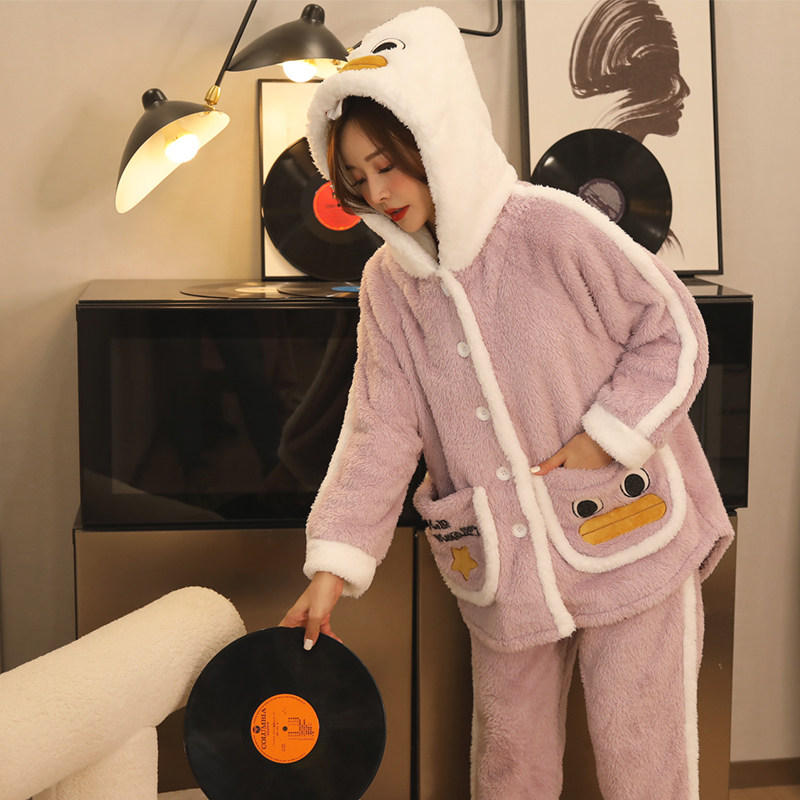 韩版法兰绒公主风北极绒连帽睡衣 伊人公子睡衣/家居服套装