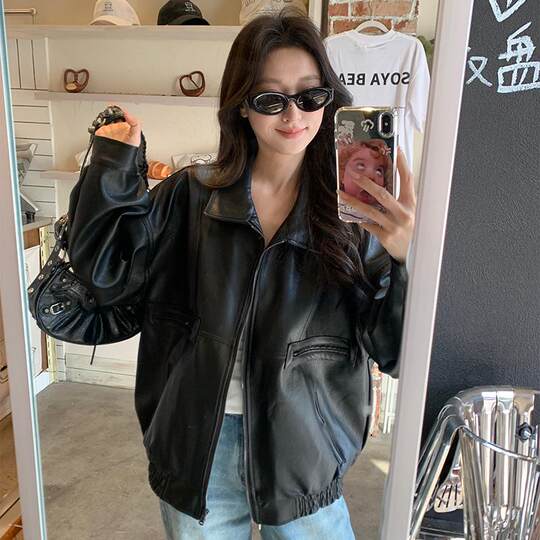 Black American retro pu leather jacket for women in spring and autumn new style high-end style loose motorcycle leather jacket