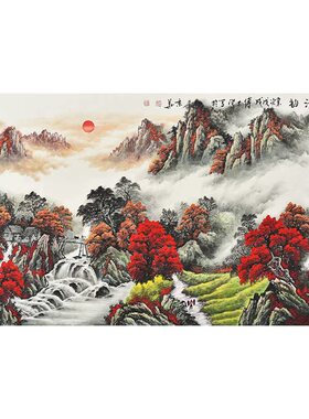 山水画手绘客厅招财鸿运当头