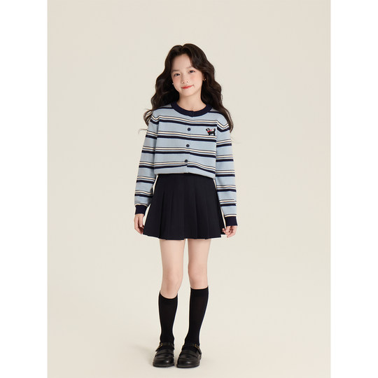 Amybaby girls tops autumn and winter 2025 new striped cartoon embroidery unique knitted cardigan