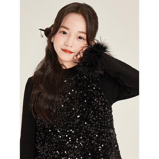 Amybaby女童套装冬季2025新款中式国风系列亮片鸵鸟毛背心裙马甲