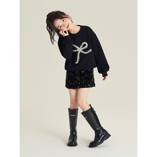 Amybaby girls skirt winter 2025 new fashion velvet sequin sparkling hip skirt A-line skirt