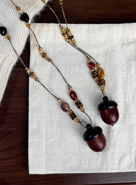 石头串珠榛子吊坠项链民族风女复古毛衣链轻奢高级感配饰挂件旗袍