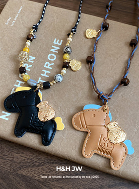 木珠串珠皮革小马项链女个性新中式简约百搭锁骨毛衣链高级感配饰