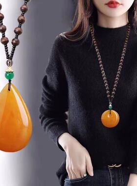 秋冬蜜蜡毛衣链配饰国风棉麻项链女新中式装饰挂件气质唐装民族风