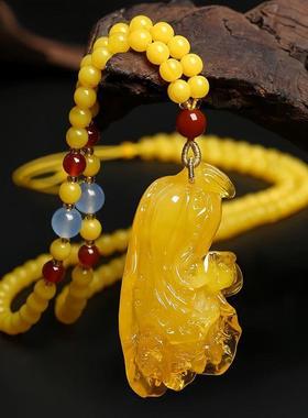 弥勒佛蜜蜡新中式男女旗袍串珠民族风长款项链琥珀佛珠毛衣链配饰