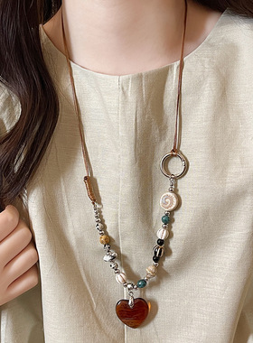 天然石咖色爱心项链串珠轻奢高级感新中式国风女项链唐装麻棉配饰