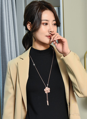 闪钻玫瑰花毛衣链长款项链女潮百搭简约配饰锁骨高端精致挂件串珠