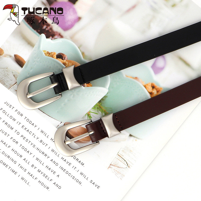 啄木鸟高级女士腰带时尚潮搭配牛仔裤带简约百搭黑色真皮皮带