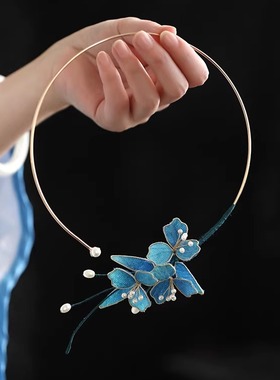 项链女款2025新款新中式布艺花朵蓝色古典旗袍配饰项圈国风锁骨链