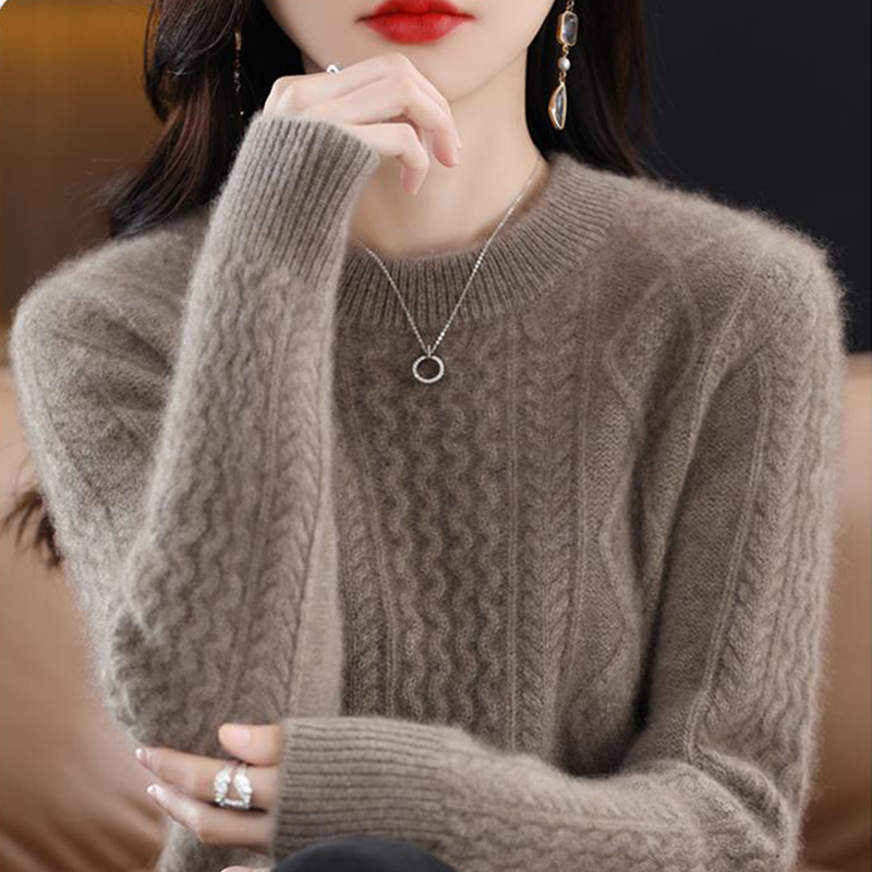 洋气圆领羊毛衫女秋冬新款100纯色妈妈针织衫宽松毛衣加厚打底衫 - 图0