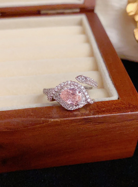 跨境个性时尚复古满钻树叶粉水晶开口戒精致百搭高级感食指戒