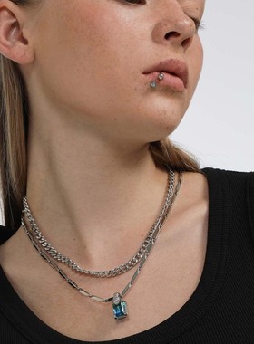 黑头叠戴项链子女生潮搭双层情侣款首配饰男士碧玺挂坠