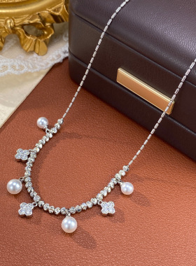 法式时尚轻奢金属串珠四叶花珍珠流苏项链气质百搭超闪锁骨链批发