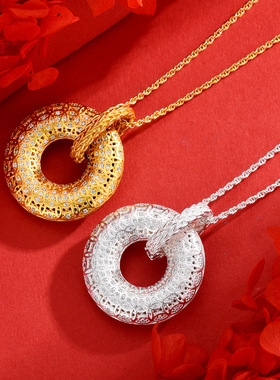 金店同款沙金花丝满钻古钱币纹平安扣吊坠新中式如意编绳毛衣链女