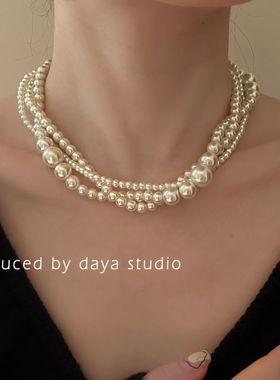 ins法式复古多层珍珠项链 轻奢高级感小众设计气质麻花缠绕锁骨链