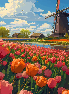 荷兰风车花卉数字油画diy风景