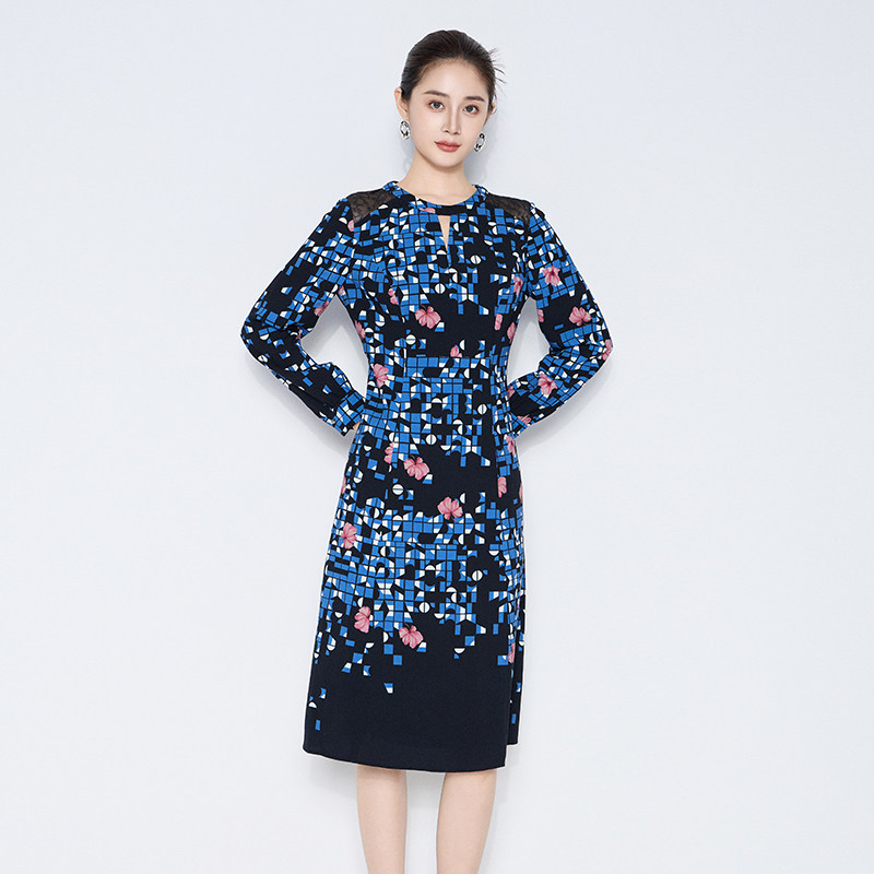 专柜正品马天奴女装秋冬新款黑底印花圆领镂空连衣裙子收腰时尚,淘宝优惠券,粉丝福利购,淘宝优惠卷