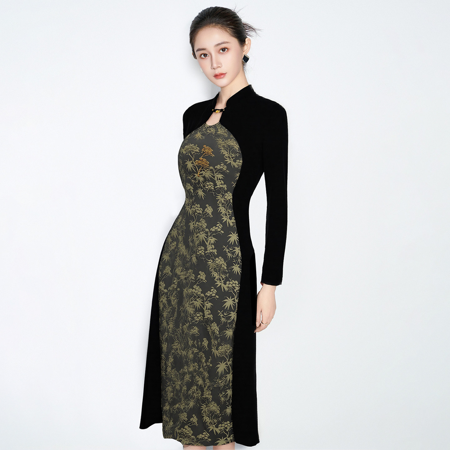 马天奴秋冬新款新中式黑色丝绒拼接提花旗袍长袖修身连衣裙子,淘宝优惠券,粉丝福利购,淘宝优惠卷