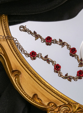 法式少女森系女王玫瑰耳环复古浪漫红色花朵手链小众首饰套装