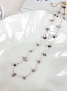 不规则天然紫水晶项链女可爱碎石叠戴保色锁骨链小众简约颈链配饰