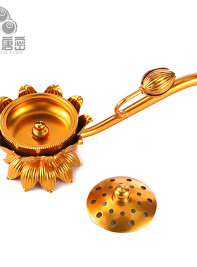 台湾工艺 金属鎏金款莲花柄香炉 莲华手柄香炉 手炉 供佛用品供具