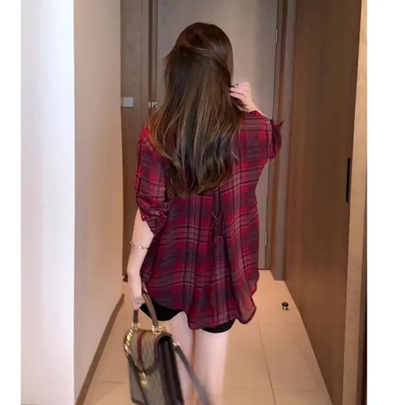 2025新款雪纺上衣格子印花设计感大码防晒衬衫女夏款薄款外套衬衣,淘宝优惠券,粉丝福利购,淘宝优惠卷