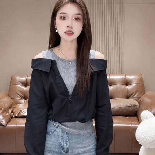时尚假两件衬衫女2026春季新款洋气宽松显瘦拉链拼接露肩衬衣上衣 - 图2