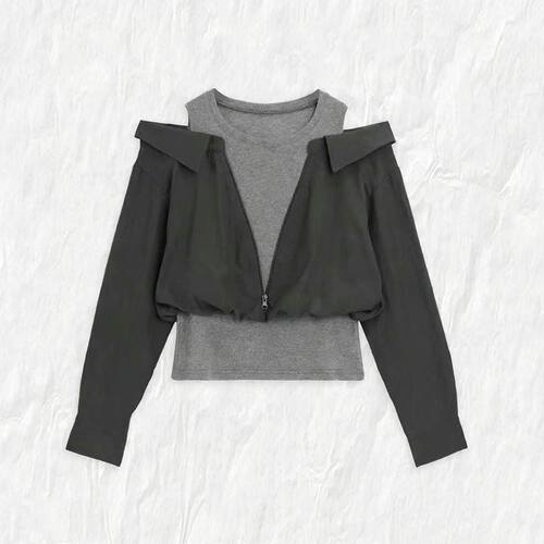 时尚假两件衬衫女2026春季新款洋气宽松显瘦拉链拼接露肩衬衣上衣 - 图3