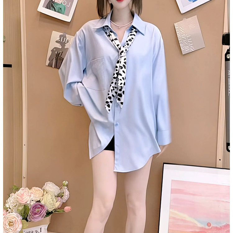 时髦设计感领结长袖衬衫女2025年春季新款洋气百搭中长款上衣 - 图0