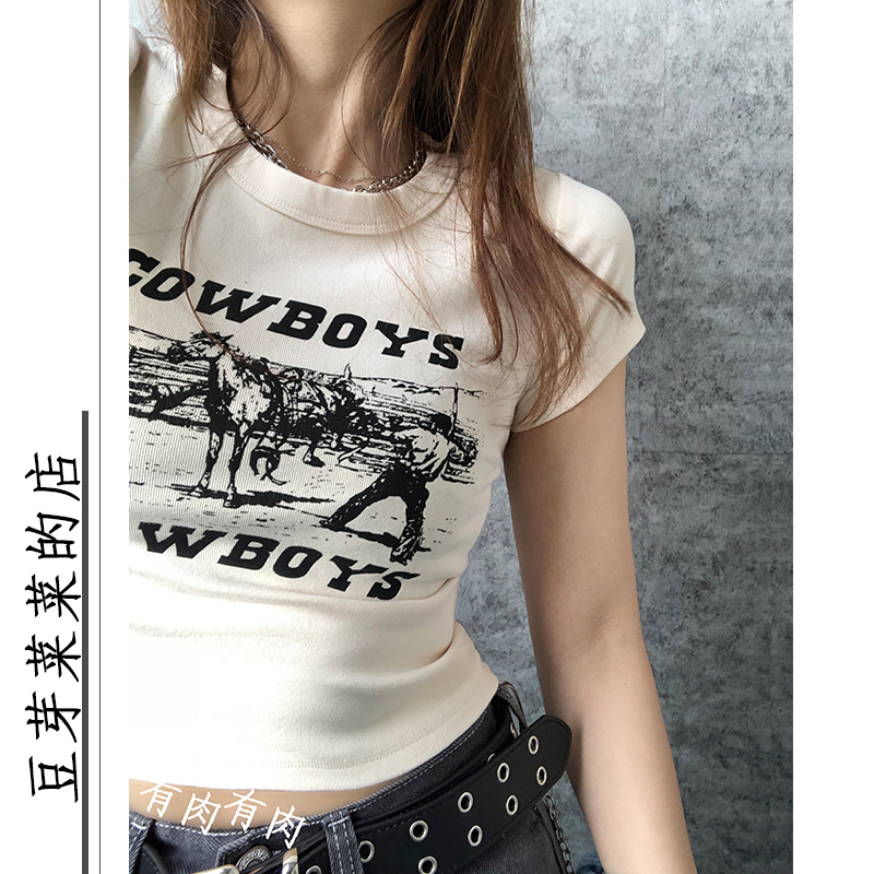 cowboy字母印花brandy短袖女巨显瘦T恤高腰短款露腰bm复古上衣夏 - 图2