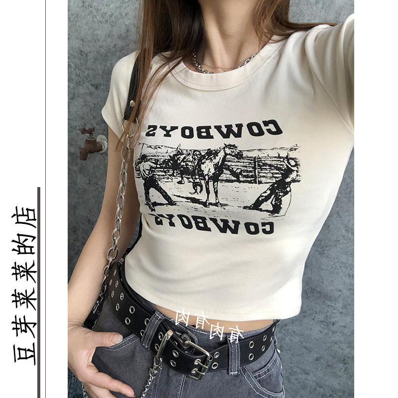 cowboy字母印花brandy短袖女巨显瘦T恤高腰短款露腰bm复古上衣夏 - 图0