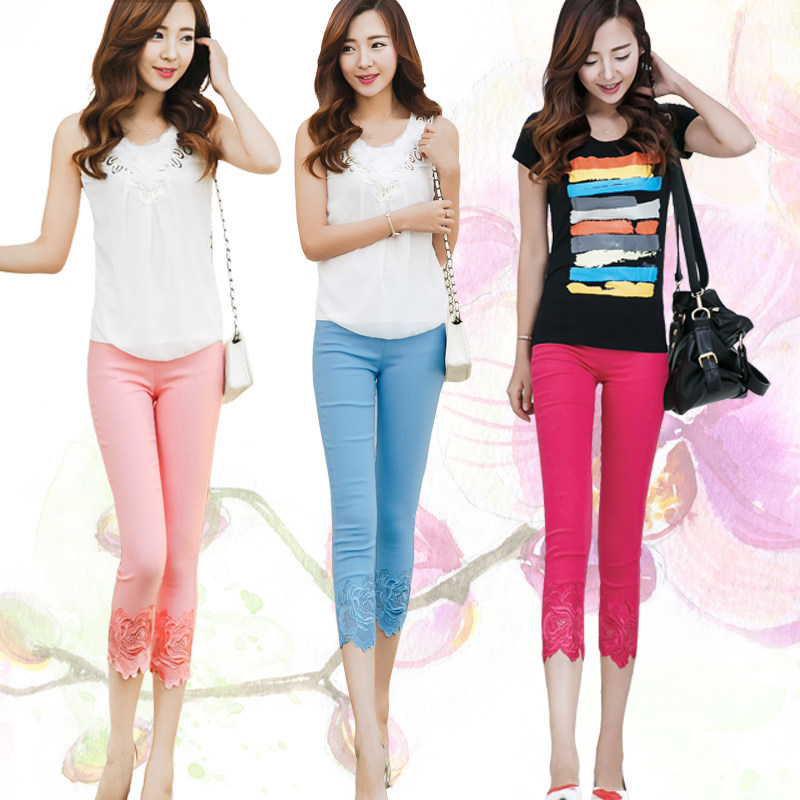 新款七分裤夏刺绣花边外穿打底裤 罗塔依曼打底裤