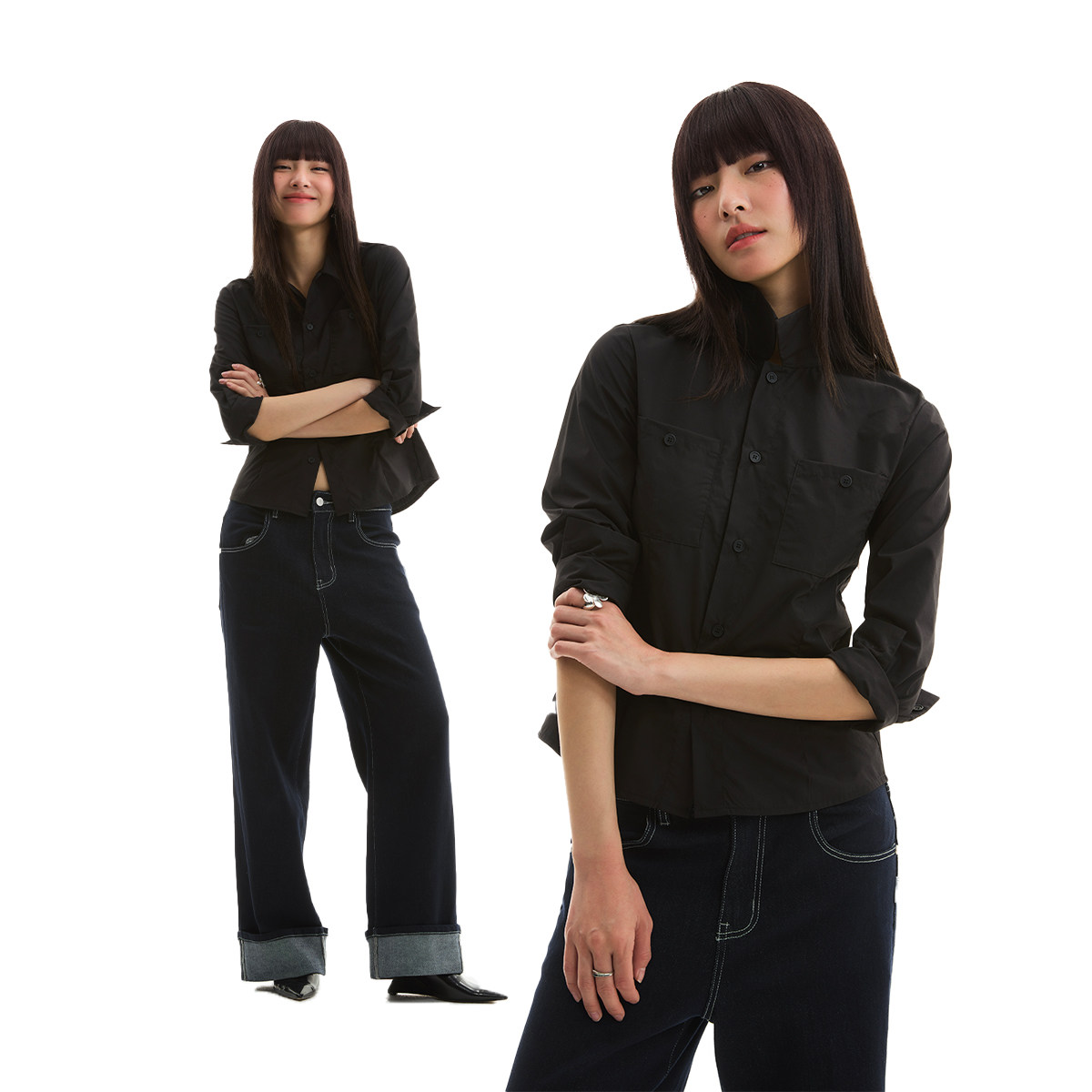 FUNKYFUN 2025SS 黑色纯色收腰设计合身版型长袖衬衫