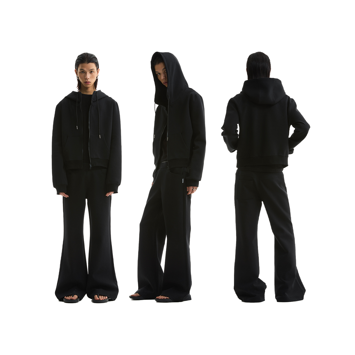 FUNKYFUN 2025SS 黑色红色纯色双拉链立领连帽短款开衫空气层卫衣 - 图2