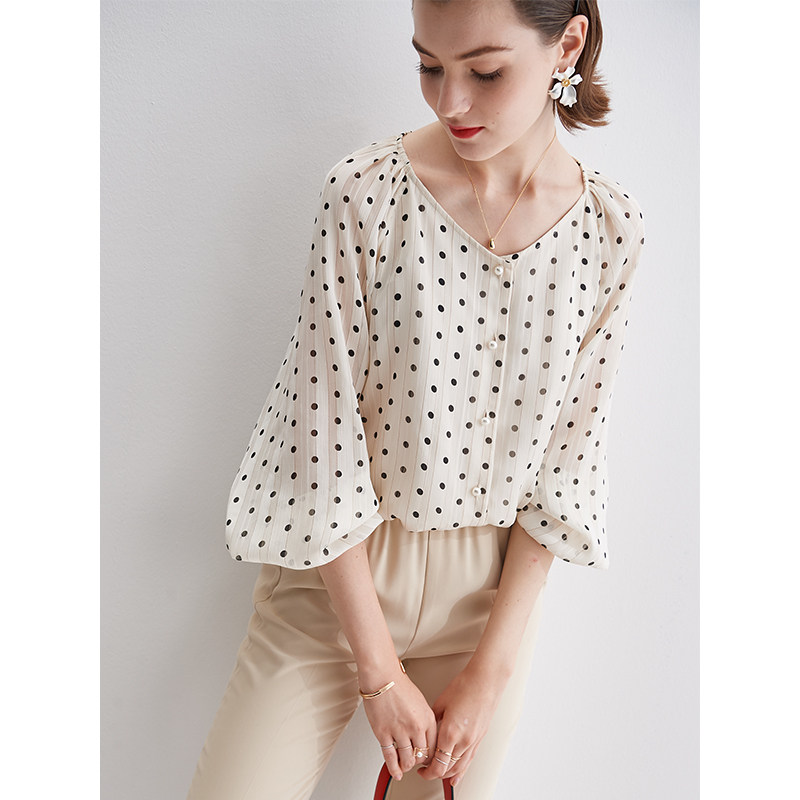 版型美哭显瘦v领波点雪纺女夏衬衫 bookmark衬衫