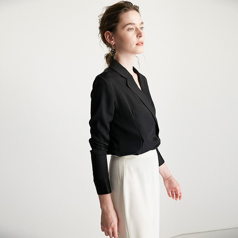 毒家高品职业装v领黑色雪纺女衬衫 bookmark衬衫